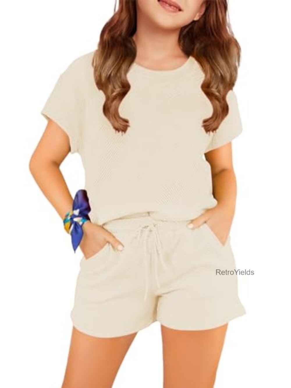 Girls 2 Piece Summer Outfit Short Sleeve T Shirt Drawstring Shorts Set